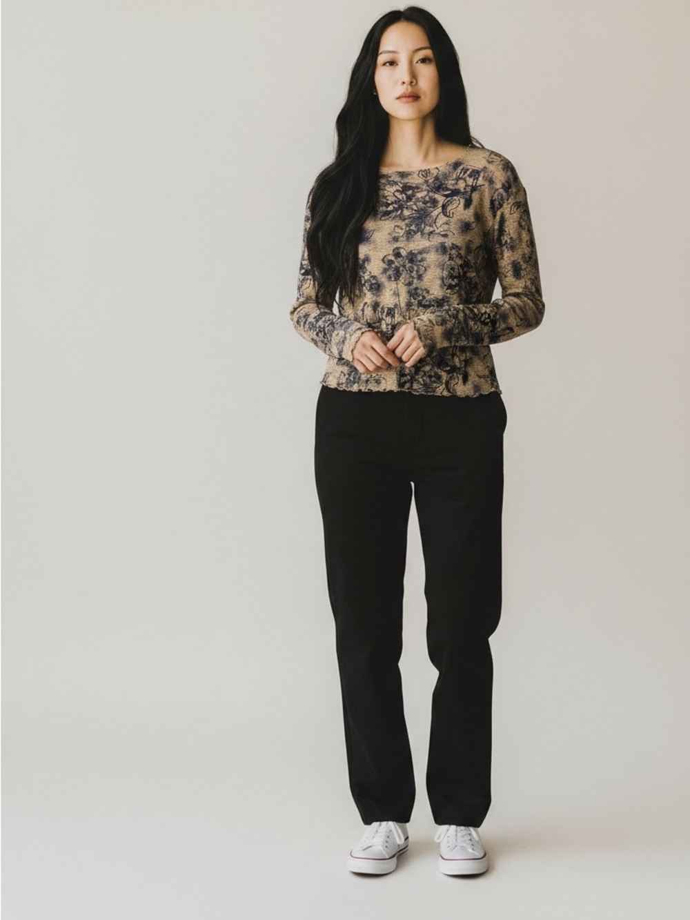 Made in Heaven Navy Blue Floral Print Long Sleeve Blouse Y2K